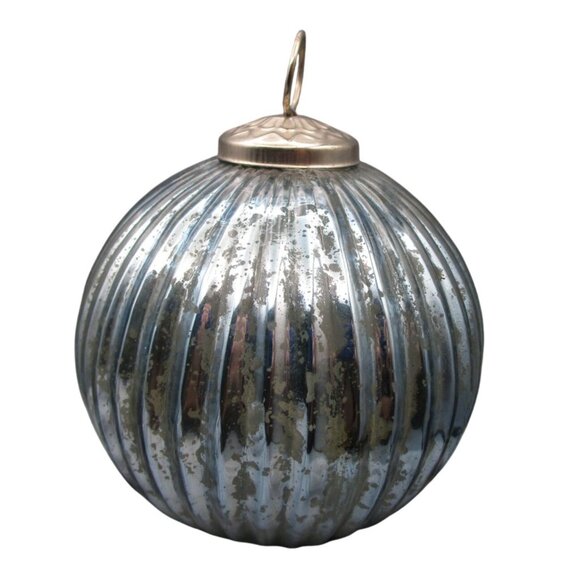 Vintage Ribbed Mercury Style Blue Distressed Glass Ornament Metal Cap GUC - Picture 7 of 7